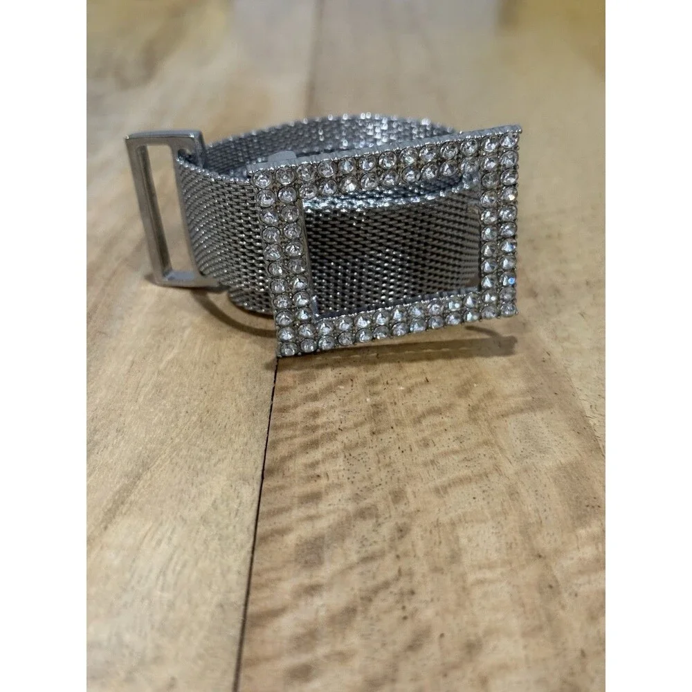 Vintage Mesh Belt Silver Tone Rhinestone Buckle Size Small- Medium Belt
